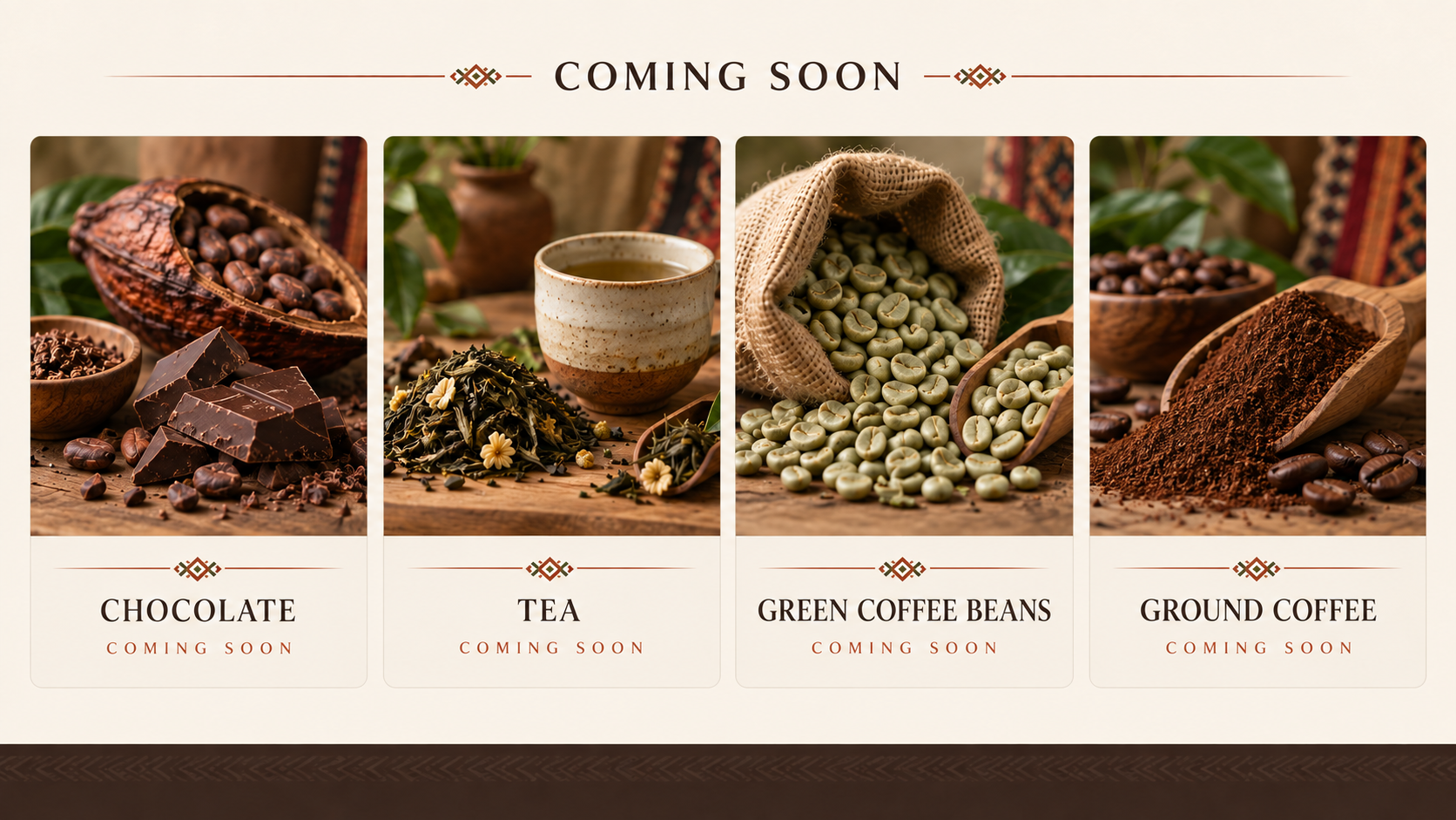 Coming soon from Woven Bean Coffee: Chocolate, Tea, Green Coffee Beans, and Ground Coffee