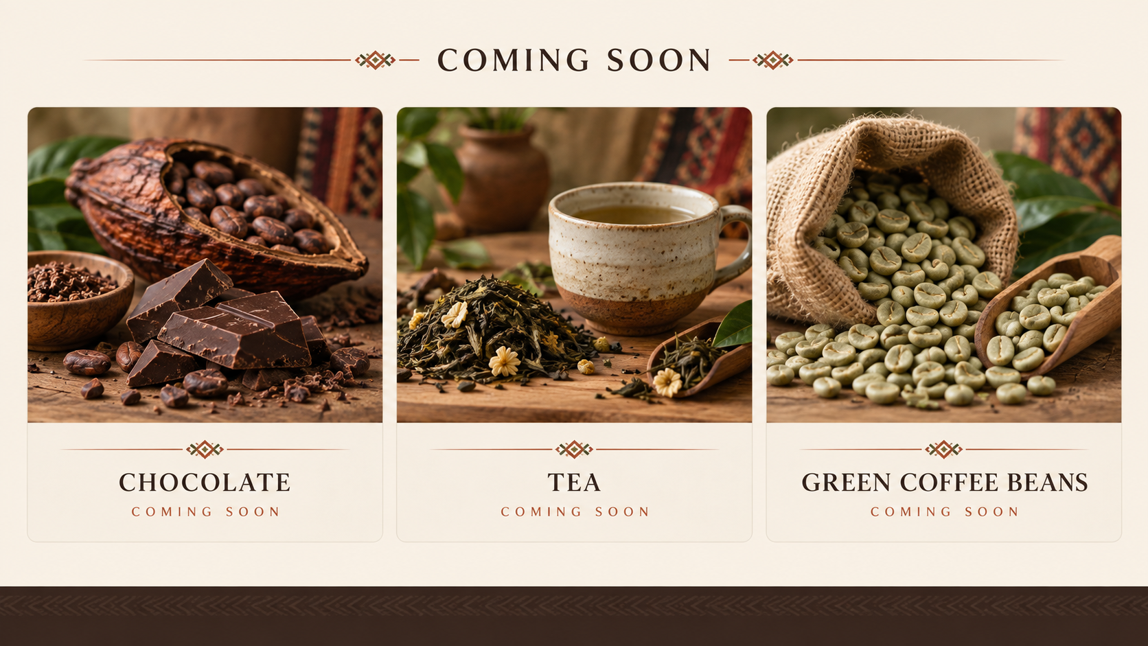 Coming soon from Woven Bean Coffee: Chocolate, Tea, and Green Coffee Beans