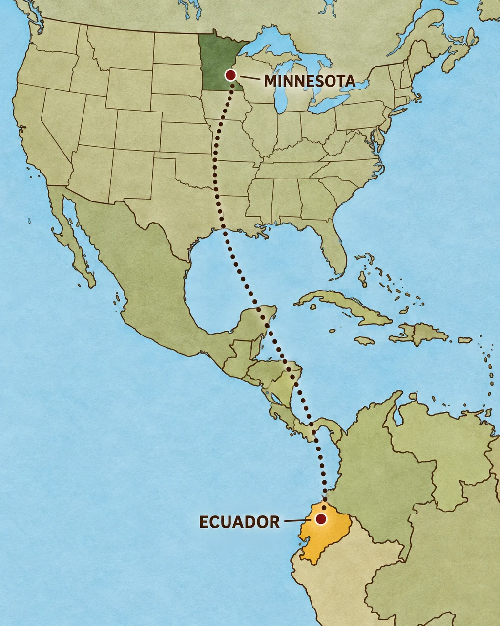 A geographic route from Quito, Ecuador, to the Twin Cities in Minnesota