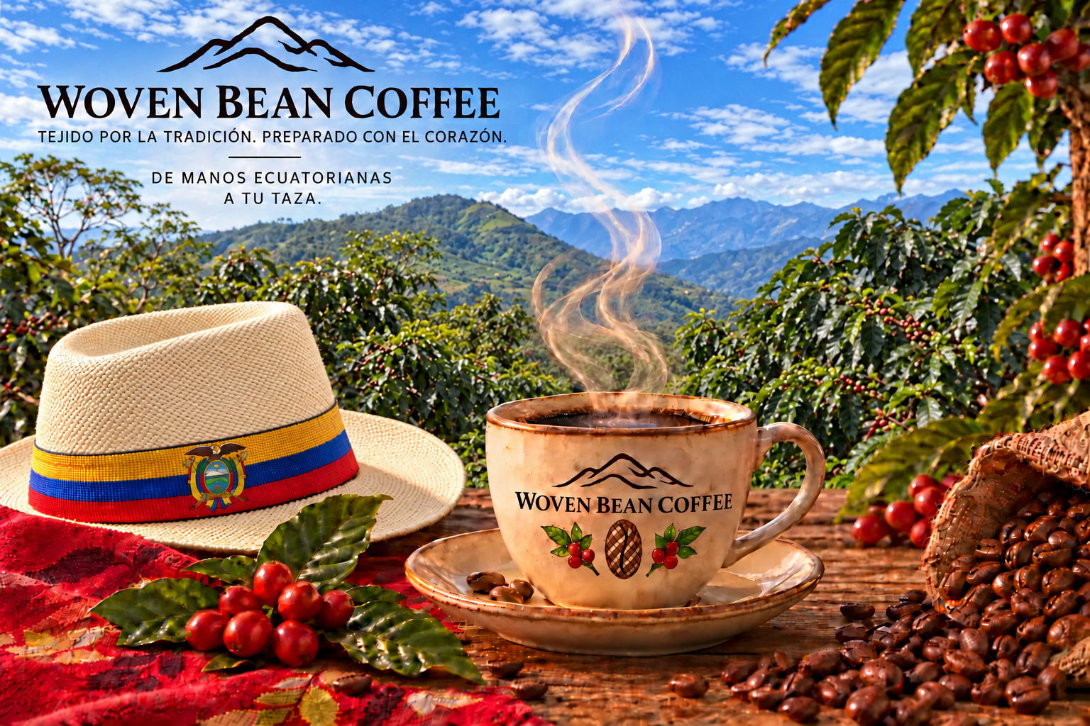 Woven Bean Coffee, an Ecuadorian woven hat and a steaming cup overlooking a coffee farm