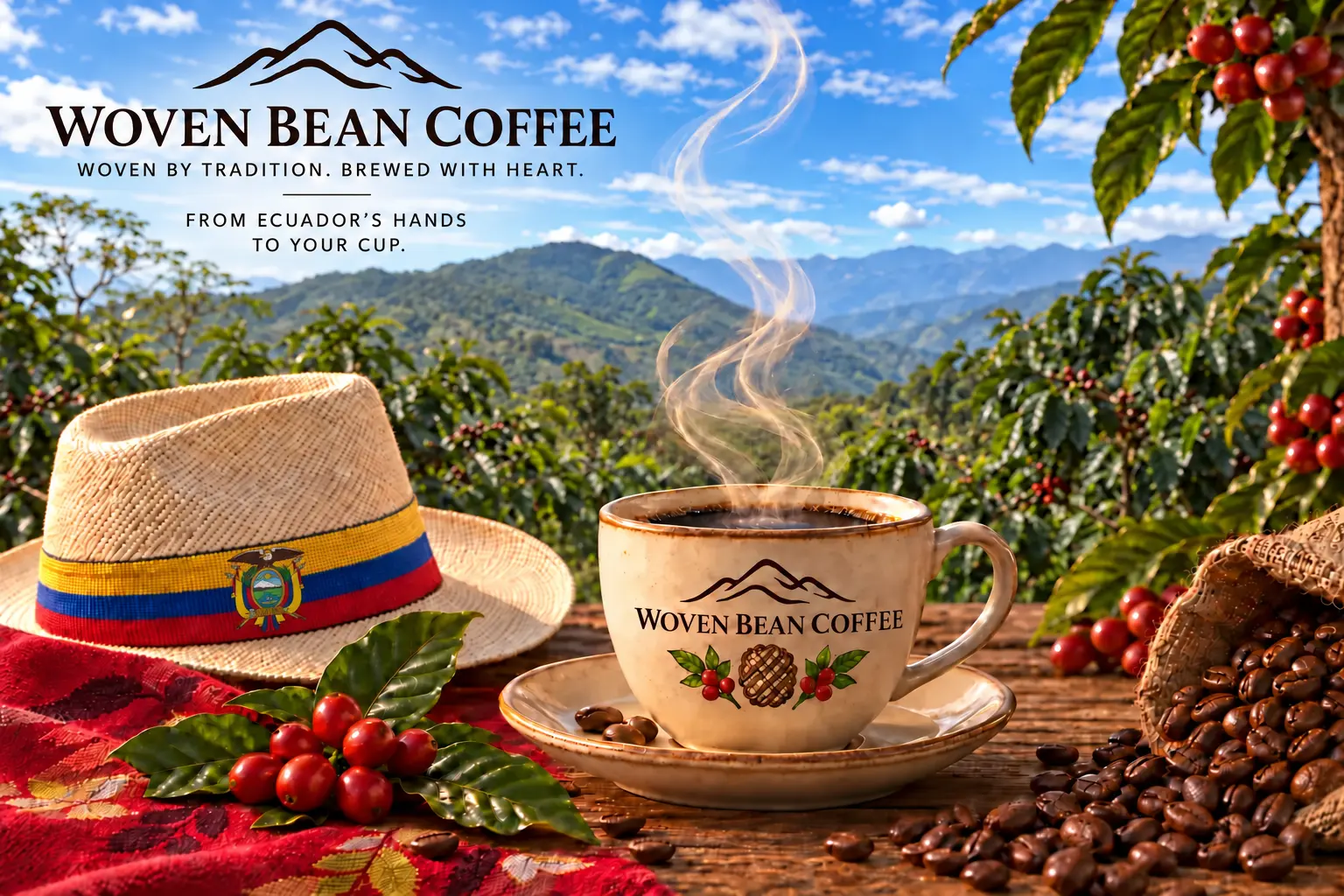 Woven Bean Coffee with an Ecuadorian toquilla straw hat, an authentic red Ecuadorian woven textile, coffee cherries, and a steaming cup overlooking an Ecuadorian coffee farm