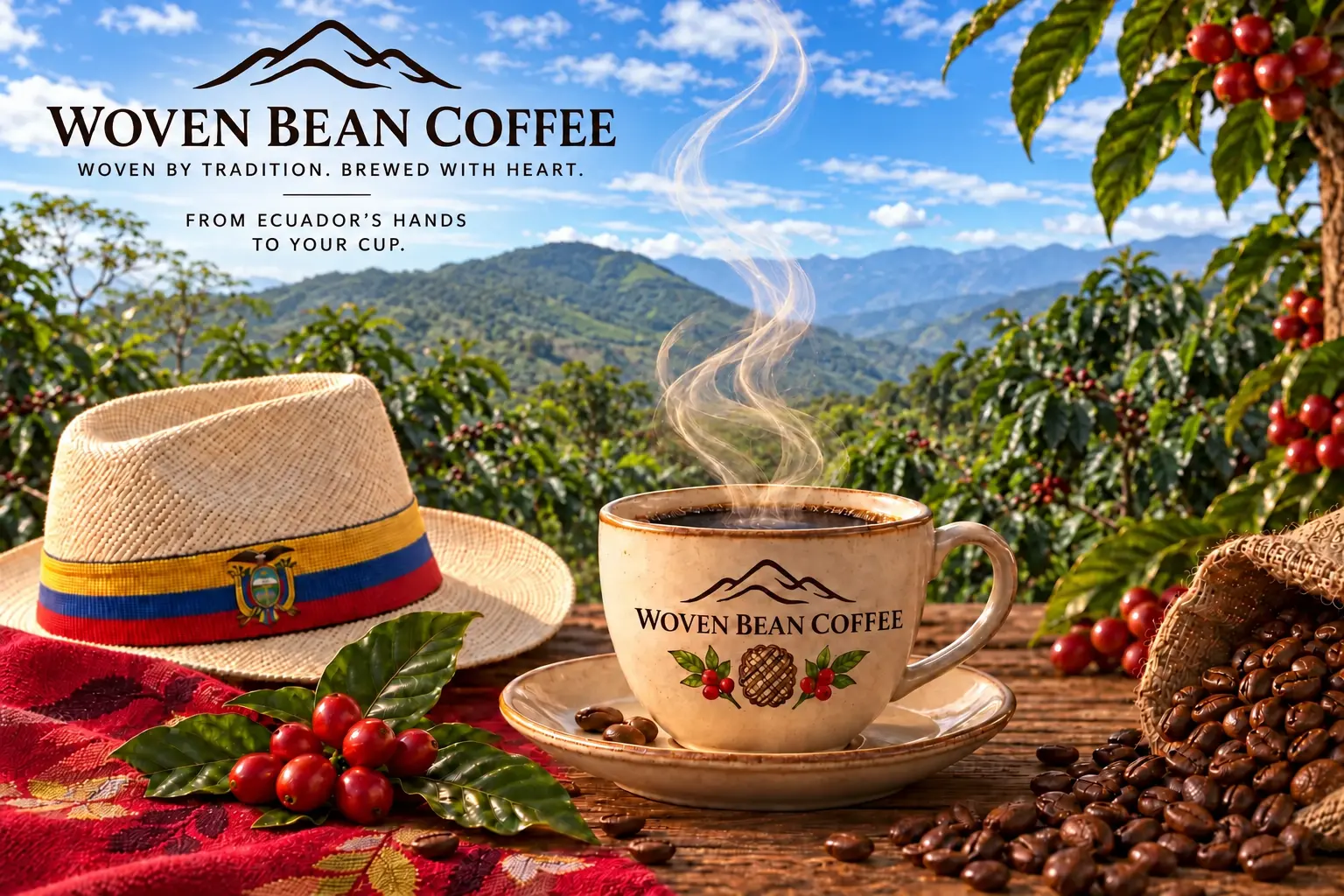 Woven Bean Coffee with an Ecuadorian toquilla straw hat, an authentic red Ecuadorian woven textile, coffee cherries, and a steaming cup against Ecuador's mountain landscape